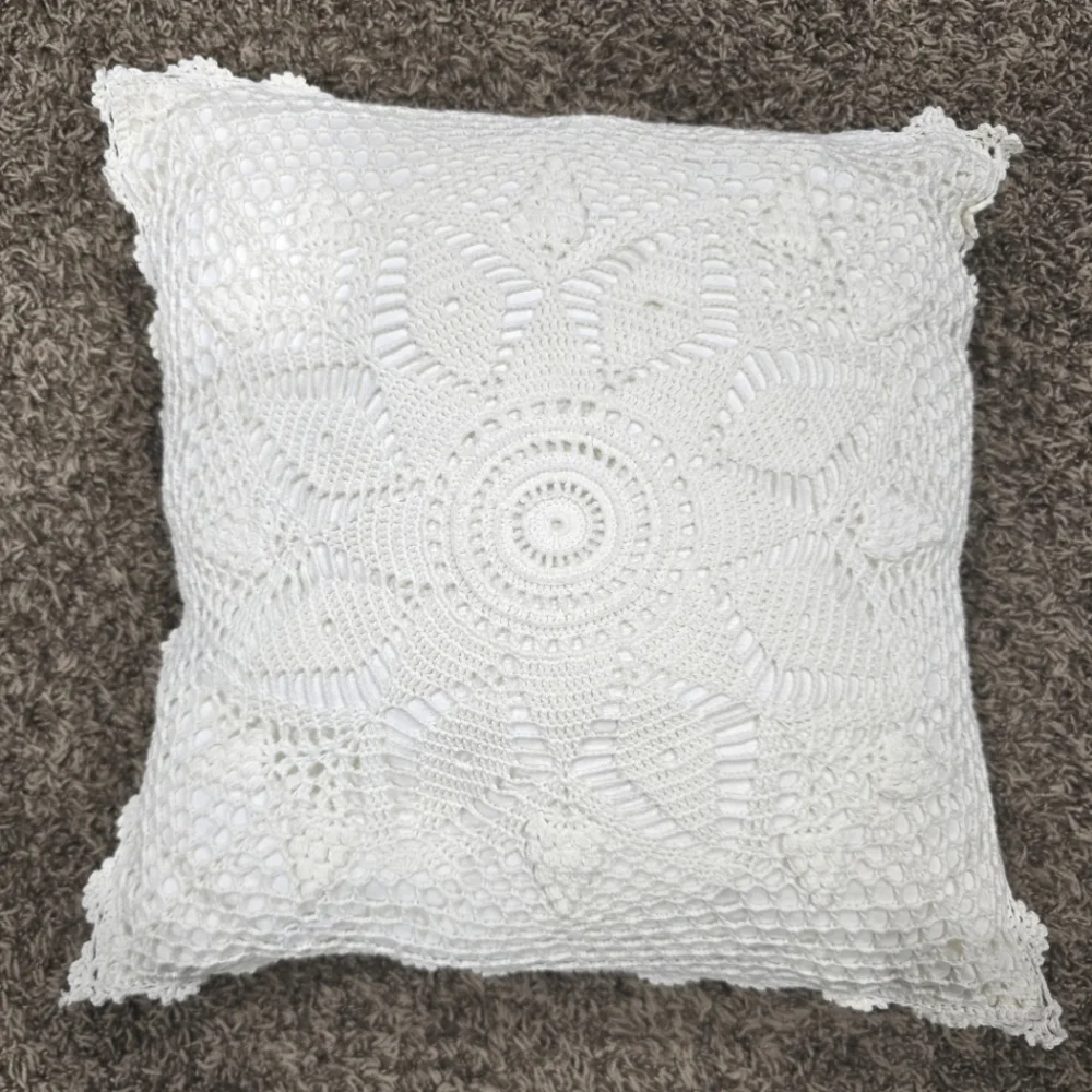 Elegant White Crochet Throw Pillow 16x16